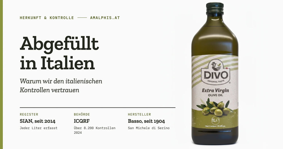 DIVO-Olivenöl neben dem Titel „Abgefüllt in Italien“ und Informationen zu SIAN, ICQRF und Basso.