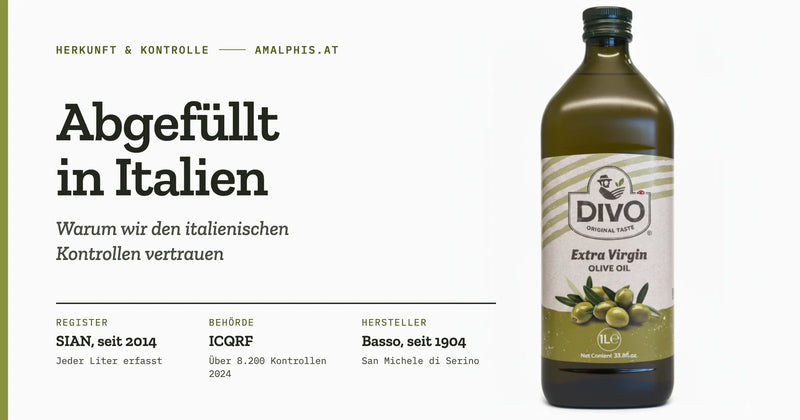 DIVO-Olivenöl neben dem Titel „Abgefüllt in Italien“ und Informationen zu SIAN, ICQRF und Basso.