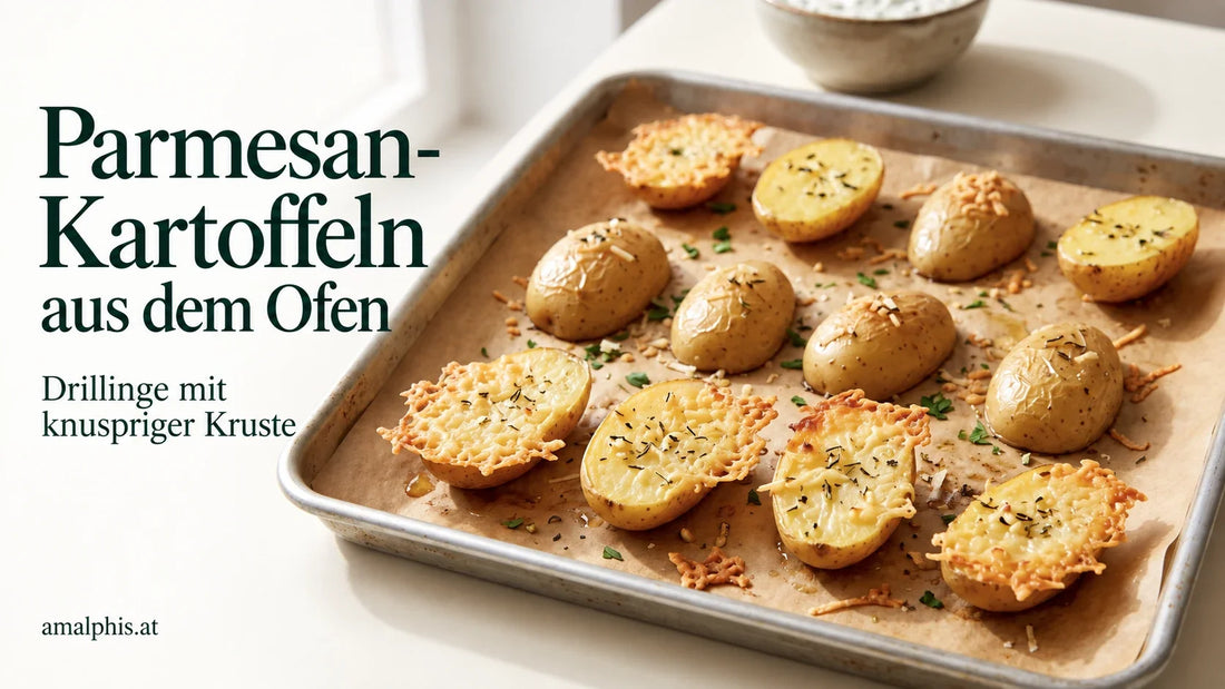 Parmesan-Kartoffeln mit goldbrauner Käsekruste auf einem Backblech.