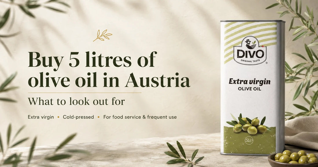 A 5-litre tin of DIVO olive oil with tips on buying olive oil in Austria.