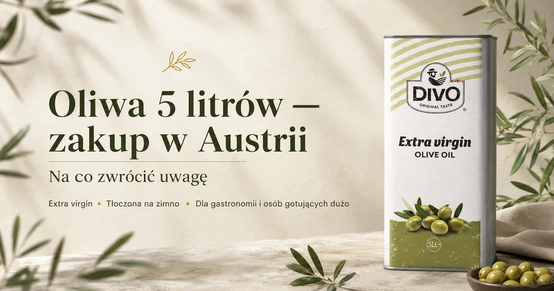 Pięciolitrowa puszka oliwy DIVO z poradami dotyczącymi zakupu oliwy w Austrii.
