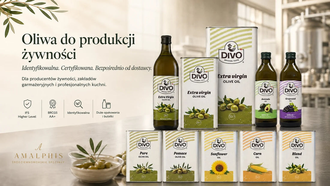 Oleje DIVO do produkcji żywności z informacjami o certyfikacji i identyfikowalności.