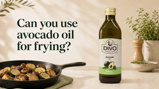 DIVO avocado oil beside a pan of fried vegetables, with a heading about using avocado oil for frying.