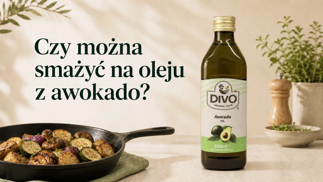 Olej z awokado DIVO obok patelni ze smażonymi warzywami i pytaniem o jego użycie do smażenia.