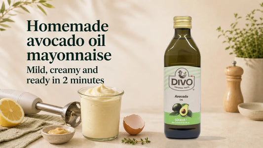 Avocado oil mayonnaise with a hand blender, lemon and DIVO avocado oil.