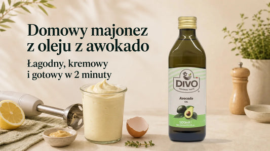 Majonez z oleju z awokado, blender ręczny, cytryna i olej z awokado DIVO.