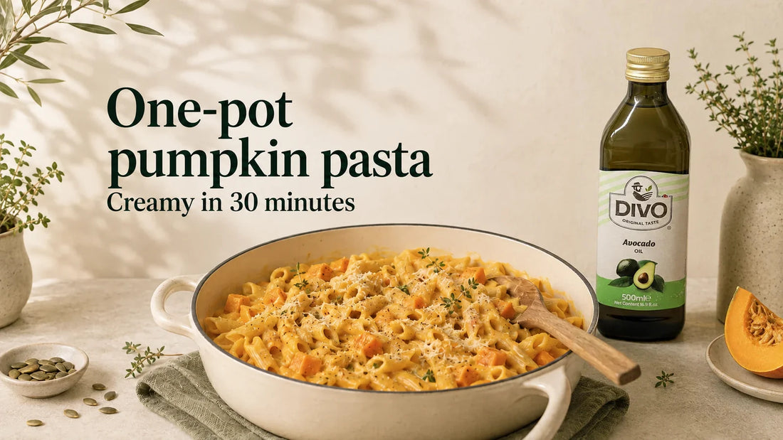 Creamy one-pot pumpkin pasta beside DIVO avocado oil.