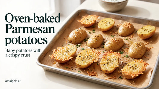 Parmesan potatoes with a golden cheese crust on a baking tray.