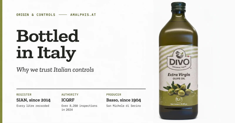DIVO olive oil beside the heading “Bottled in Italy” and information about SIAN, ICQRF and Basso.