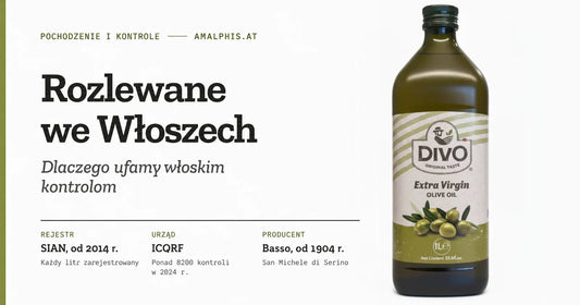 Oliwa DIVO obok tytułu „Rozlewane we Włoszech” oraz informacji o SIAN, ICQRF i Basso.