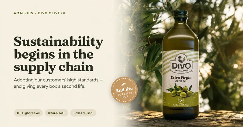DIVO olive oil among olive branches with the heading “Sustainability begins in the supply chain” and a message about reusing boxes.