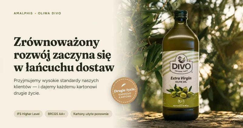 Oliwa DIVO na tle gałązek oliwnych z tytułem „Zrównoważony rozwój zaczyna się w łańcuchu dostaw” i informacją o ponownym używaniu kartonów.