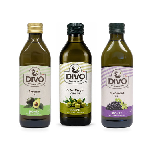 Zestaw DIVO na próbę: olej z awokado, oliwa z oliwek extra virgin i olej z pestek winogron – po 500 ml